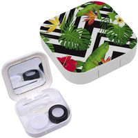 Portable Contact Lens Case Box Travel Kit Mirror + Bottle + Tweezers Container Holder [ Tropical Exotic Flowers Leaves ]