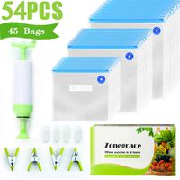 Zonegrace Sous Vide Bags 45 Reusable Vacuum Food Storage Bags for Anova and Joule Cookers - 3 sizes Sous Vide Bag Kit with Pump - 4 Sealing Clips - 4 Sous Vide Bag Clips for Food Storage and Sous Vide Cooking