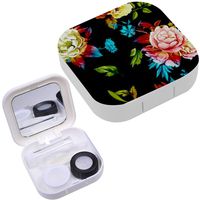 Portable Contact Lens Case Box Travel Kit Mirror + Bottle + Tweezers Container Holder [ Wild Roses Peony Cornflowers Leaves ]