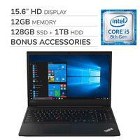 Lenovo ThinkPad E590 2019 Premium 15.6'' HD Laptop Notebook Computer,4-Core Intel i5-8265U 1.60 GHz, 12GB RAM, 128GB SSD + 1TB HDD, Wi-Fi,Bluetooth,Webcam,HDMI,No DVD,Win 10 Pro,Bonus Accessories