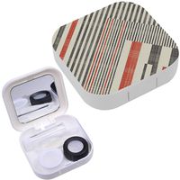 Portable Contact Lens Case Box Travel Kit Mirror + Bottle + Tweezers Container Holder [ Striped Geometric ]