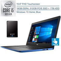 2020 Dell Inspiron 15 3000 15.6" FHD Touchscreen Laptop Computer, 10th Gen Intel Quad-Core i5-1035G1(Beats i7-7500U), 16GB DDR4, 1TB HDD+512GB PCIE SSD,Blue, Windows 10+EST 500GB External Hard Drive