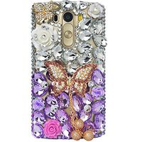 STENES LG K10 Case - 3D Handmade Crystal Butterfly Pearl Pendant Rose Flowers Sparkle Rhinestone Cover Bling Case for LG K10 (2016) / LG Premier LTE Retro Bows Anti Dust Plug - Purple