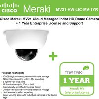 Cisco Meraki MV21 Cloud Managed Indoor HD Dome Camera with 1 YR MV Ent. License