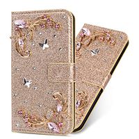 Amocase Glitter Case with 2 in 1 Stylus for iPhone 11 Pro 5.8" 2019,Luxury Diamond 3D Crystal Butterfly Flower Magnetic Wallet Leather Stand Case for iPhone 11 Pro 5.8" 2019 - Gold