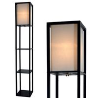 Floor Lamp with Shelves by Light Accents - Shelf Floor Lamp - 3 Shelf Lamp Standing Floor Lamp with Shelves 63" Tall Wood with White Linen Shade - Lamps for Living Room (Black)