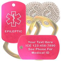 Custom 2 Pack - Epileptic Medical Alert ID Necklaces with Pink Hot Custom Tags, Camo Forest Silencers, and 30'' USA Chains