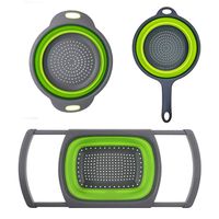 Huanlemai 3-Packs Green Silicone Kitchen Collapsible Colander Set - 6-Quart Square Over The Sink Colander + 4qt Round Veggies/Fruit Basket Strainers and Colanders +2qt Pasta Strainer With Handle