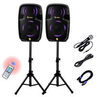 Cchainway 12 Inch 2000 Watts Dual 2-Way Powered PA Speaker System, Portable DJ Speaker with Active + Passive Speakers, 2 Speaker Stands, Microphone, Bluetooth, USB/SD Card, FM Radio, Remote Control