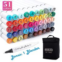 Shuttle Art 51 Colors Dual Tip Alcohol Based Art Markers, 50 Colors plus 1 Blender Permanent Marker Pens Highlighters with Case Perfect for Illustration Adult Coloring Sketching and Card Making