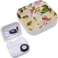 Portable Contact Lens Case Box Travel Kit Mirror + Bottle + Tweezers Container Holder [ Roses Peony ]