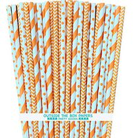 Paper Straws - Orange White - Stripe Chevron Polka Dot - 100 Pack