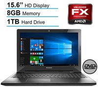 Lenovo 15.6'' HD LED Signature Laptop PC, AMD Quad-Core FX-7500 2.10 GHz CPU, 8 GB RAM, 1 TB HDD, DVD +/- RW, Bluetooth, HDMI, Radeon R7 Graphics, Dolby Audio, Windows 10-Black