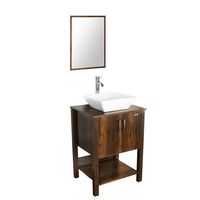 eclife 24" Bathroom Vanity Sink Combo Brown Cabinet Modern Stand Pedestal W/Square White Ceramic Vessel Sink, Chrome Bathroom Solid Brass Faucet and Pop Up Drain Combo, W/Mirror (A07 B12C)
