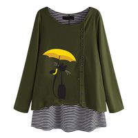 SEXYTOP Women Funny Cartoon Cat Print Plus Size Blouse O-Neck Long Sleeve Stripe Button Patchwork Fake 2 Pieces Top Shirt