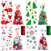 Aneco 160 Pieces Christmas Candy Cookie Bags Christmas Cellophane Snack Bags 4 Different Styles Candy Bags Cookie Bags with Twist Ties for Christmas Party Gift Supplies