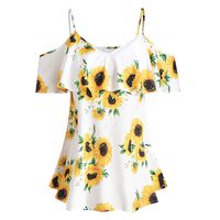 Tomppy Women Plus Size Camis Tops Ladies Summer Off Shoulder Ruffle Tees Sunflower Printed Flowy Shirts Blouse White