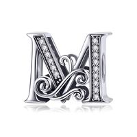 Solid 925 Sterling Silver with Cubic Stones, Complete A~Z Gift Options Alphabet Charm Letter Beads fit Pandora European Bracelets (M)