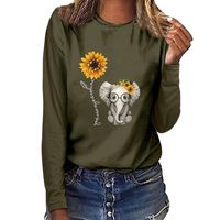 Meikosks Women's Sunflower Elephant Print T Shirt Long Sleeve Round Neck Tops Basic Loose Blouses