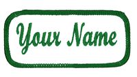 Name Patch Uniform Work Shirt Personalized Embroidered White with Green Border. Iron on.