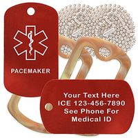 Custom 2 Pack - Pacemaker Medical Alert ID Necklaces with Red Custom Tags, Camo Desert Silencers, and 30'' USA Chains