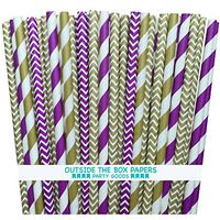 Outside the Box Papers Purple and Gold Chevron and Stripe Paper Straws 7.75 Inches 100 Pack Purple, Gold, White