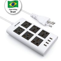 Maximm Surge Protector Flat Power Strip 6 Universal Outlets with 4 USB Ports, Desktop Charging Station, 4000W/10-16A Multiplug (6.5ft, White) w/Brazil (Type N) Plug