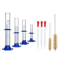 Thick Glass Measuring Cylinder Graduated Set Graduated Flask Borosilicate Glass with Two Brushes and 3 Pipettes Shockproof New Style Cylinder Laboratory Science 5ml 25 ml 50ml 100ml (Plastic Base)