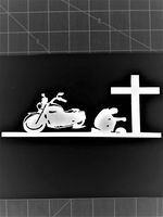 Chase Grace Studio Motorcycle Rider Praying Cross Biker Vinyl Decal Sticker|White|Cars Trucks Vans SUV Bumpers Laptops Wall Art|7.5" X 3"|CGS467