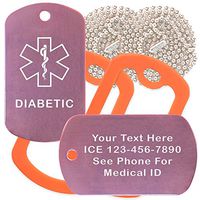 Custom 2 Pack - Diabetic Medical Alert ID Necklaces with Pink Custom Tags, Orange Silencers, and 30'' USA Chains