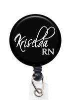 Script Font Badge Reel (10 Colors) - Retractable Lanyard Id Holder Personalized with Name, Monogram, Occupation Title - Hospital Nurse Gift