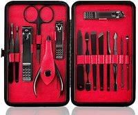 Manicure Pedicure Set Nail Clipper Set -15 Piece Stainless Steel Heavy Duty Nail Care Aids -Fingernail Clippers,Toenail Clippers -Portable Travel & Grooming Kit Tools -Deluxe (Black&Red)
