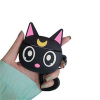 ICI-Rencontrer 3D Vivid Moon Cat Animals Design Airpods Case Kids Girls Women Cute AirPods Accessories Wireless Bluetooth Earphone Soft Silicone Shockproof Protector Decoration Black