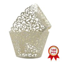 SUYEPER 100pcs Cupcake Wrappers Artistic Bake Cake Paper Cups Little Vine Lace Laser Cut Liner Baking Cup Muffin Case Trays for Wedding Party Birthday Decoration (Beige)