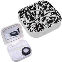 Portable Contact Lens Case Box Travel Kit Mirror + Bottle + Tweezers Container Holder [ Black White Geometric ]