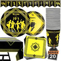 82 Piece 1920's Theme Party Supplies Set Including Plates, Cups, Napkins, Tablecloth and Banner, Serves 20