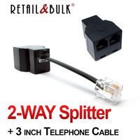 RJ11 Splitter Duplex In-line Telephone Adapter (Black, 2-WAY Splitter)