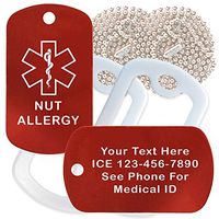 Custom 2 Pack - Nut Allergy Medical Alert ID Necklaces with Red Custom Tags, White Silencers, and 30'' USA Chains