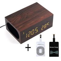 WALTSOM Wireless Charger Speaker, Multi-Function Wooden LED Digital Clock Bluetooth Speaker with Built in Mic, NFC, Temperature/Time Display, Alarm Clock for Smartphones Laptop Home Use (Dark Wood)