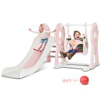 KingSo Slide and Swing Set for Toddlers 4 in 1 Combination Climber Slide Playset Basketball Hoop 63" Extra Long Slide Easy Climb Stairs Easy Set Up Baby Kids Playset for Indoor & Backyard(Pink)