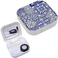 Portable Contact Lens Case Box Travel Kit Mirror + Bottle + Tweezers Container Holder [ Majolica Pottery Tile Blue White ]