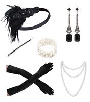 1920s Accessories Headband Necklace Gloves Cigarette Holder Flapper Costume Accessories Set for Women(1111N)