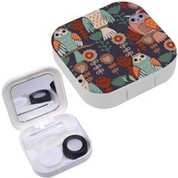 Portable Contact Lens Case Box Travel Kit Mirror + Bottle + Tweezers Container Holder [ Owl Sitting On Branches ]