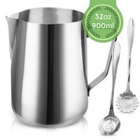 Milk Frothing Pitcher Jug - 32oz/900ML Stainless Steel Coffee Tools Cup - Suitable for Espresso, Latte Art and Frothing Milk, Attached Dessert Coffee Spoons