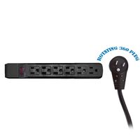 Surge Protector, Flat Rotating Plug, 6 Outlet, Black Horizontal Outlets, Plastic, Power Cord 4 Foot