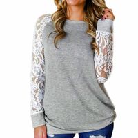 Gahrchian Women Lase Blouse Tops Long Sleeve T Shirts Lace Oversize Pullover Oiffice Tunic Shirts Gray