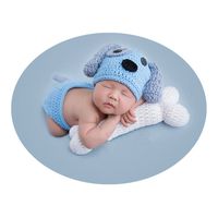 Newborn Baby Photo Props Outfits Crochet Knitted Blue Dog Hat Shorts with Bone Set for Boys Girls Photography Shoot