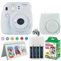 Fujifilm Instax Mini 9 Instant Camera (Smokey White) + Fujifilm Instax Mini Twin Pack Instant Film (20 Exposures) + Camera Case + Scrapbooking Album + 4 AA Batteries & Charger + Colored Lens Filters