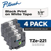 Brother Genuine P-Touch 4-Pack TZe-221 Laminated Tape, Black Print on White Standard Adhesive Laminated Tape for P-Touch Label Makers, Each Roll is 0.35"/9mm (~ 3/8") Wide, 26.2 (8M) Long
