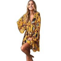 Ladies Beach Mini Dress, Balakie Women Boho Floral Long Maxi Evening Party Cocktail Printed Dresses (XL, Yellow)